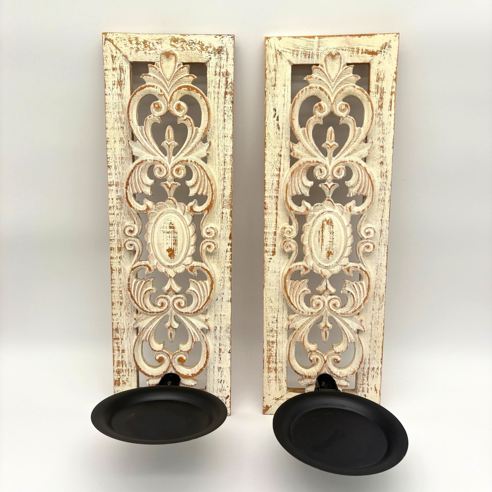 Rustic Distressed White Wall Sconce Pair Ornate Scroll Pillar Candle Holders